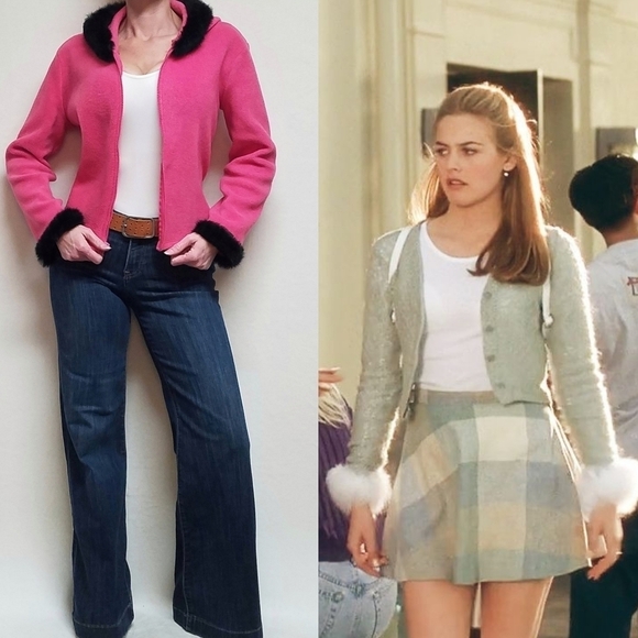 VINTAGE OOAK Upcycled Hot Pink Fleece Black Rabbit Fur Trim Full-zip Cardigan - Picture 1 of 16